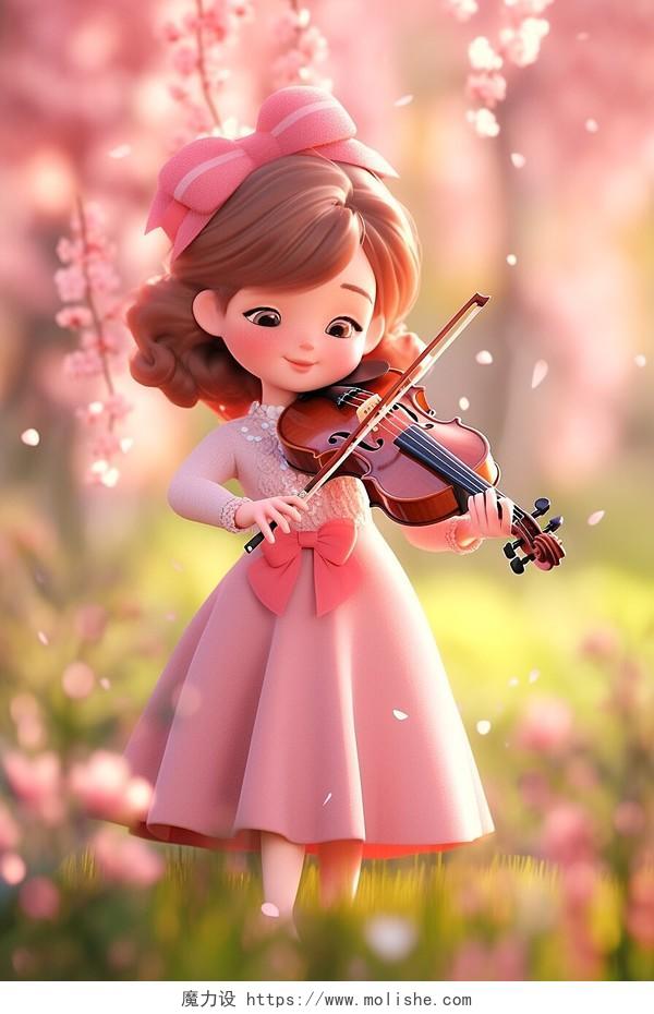 3D卡通粉裙子女孩樱花树下拉小提琴AI插画春天立春唯美